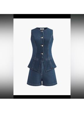 Commense Navy Denim Peplum Romper with Gold Buttons